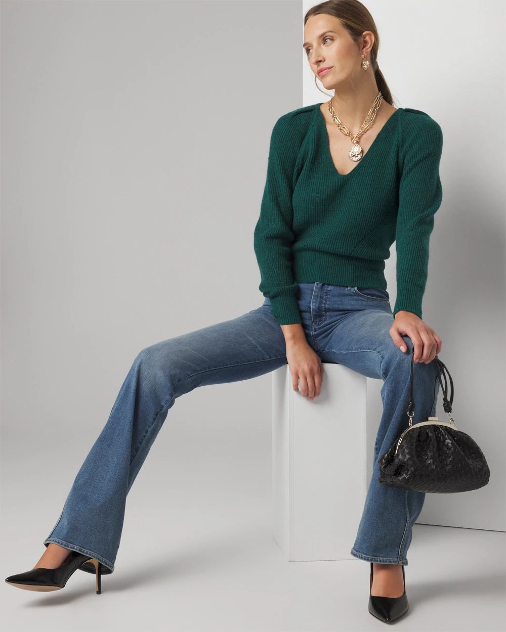Pleated Shoulder V-neck Pullover Sweater | White House Black
